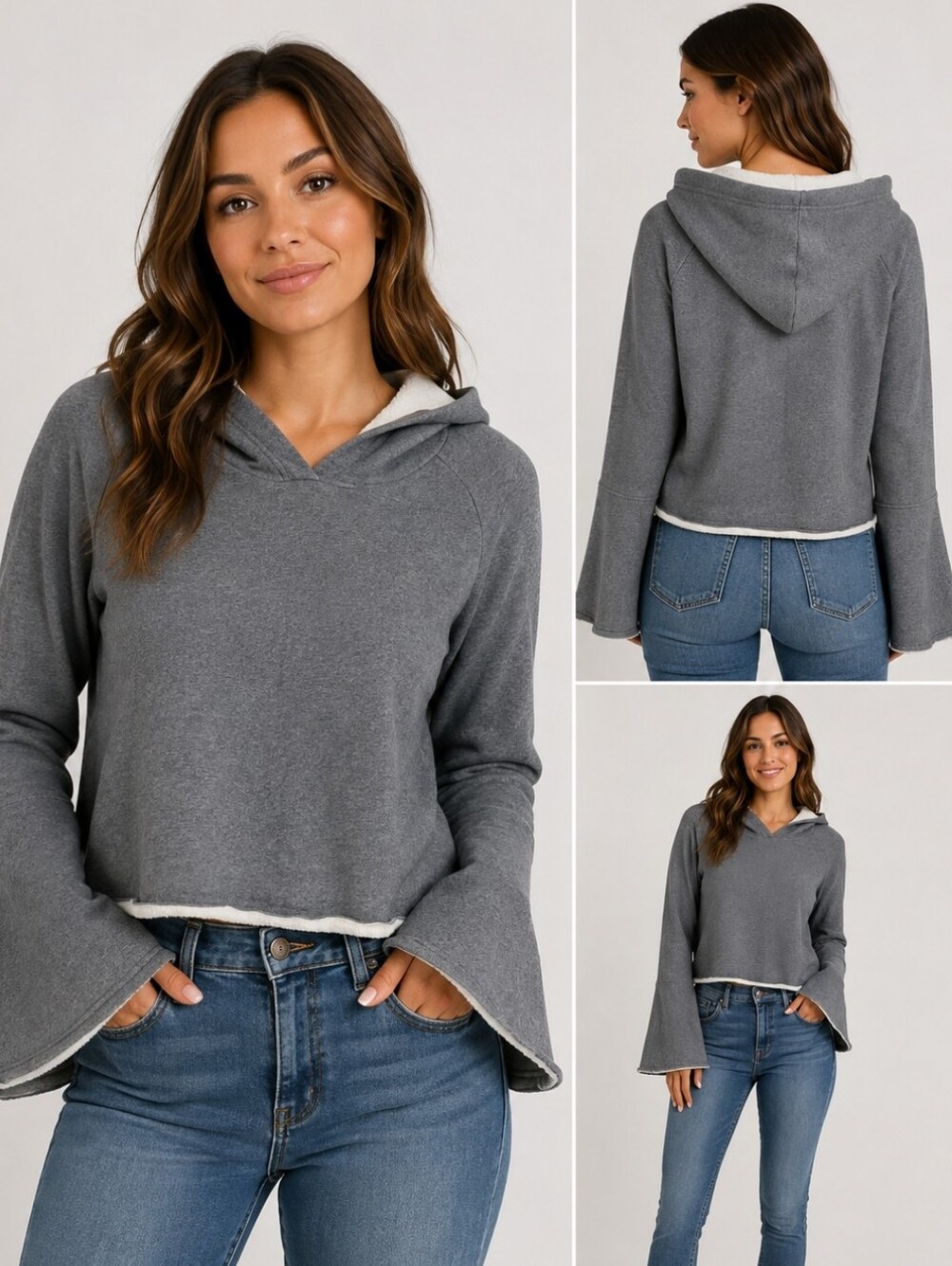 Melrose and Market Cropped Hooded Fleece Lined Sweatshirt Bell Sleeve Sz Large
